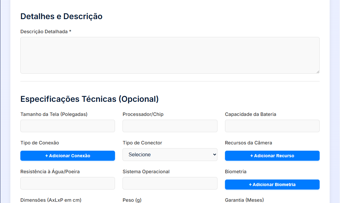 Cadastro de novos produtos